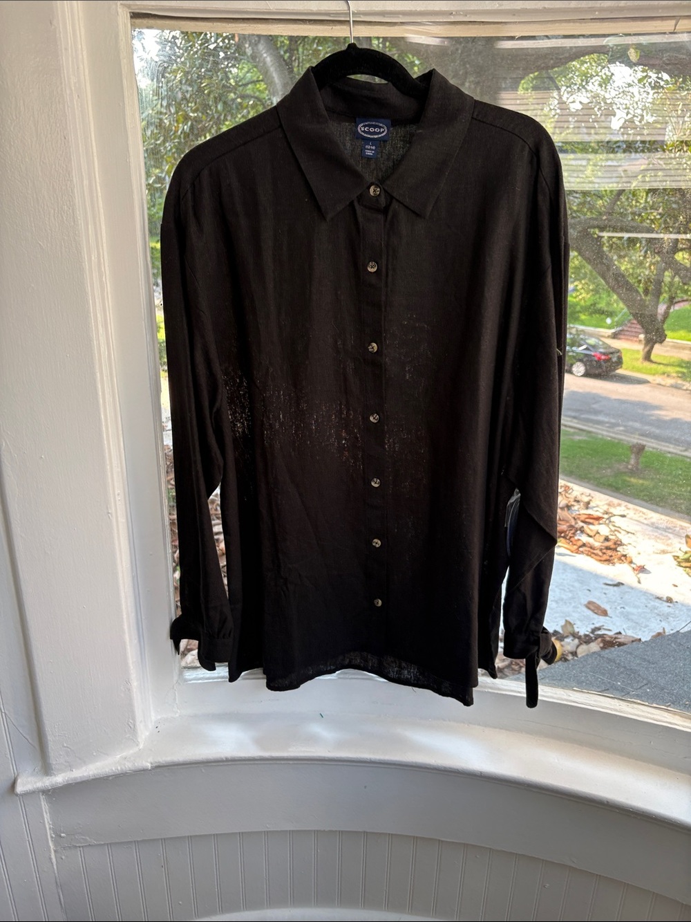 Scoop-Linen Black Button-Front Long-Sleeve Blouse-NWTO